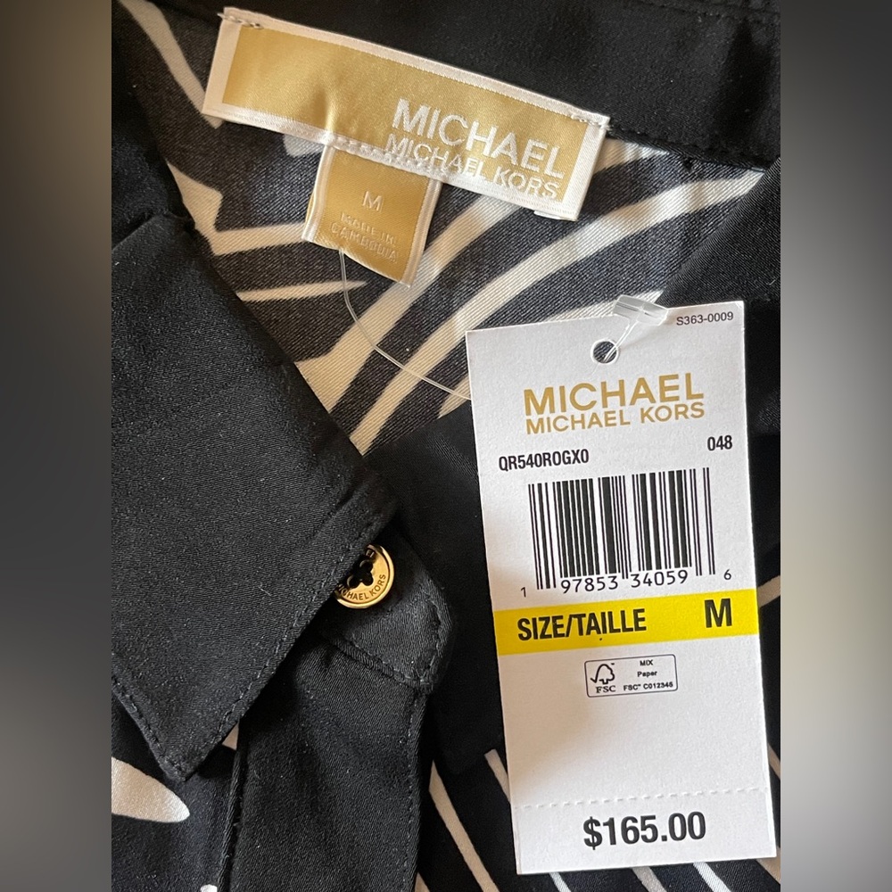 NWT MICHAEL Michael Kors Zebra Print Silk-Look Button Down Blouse M $165 - Picture 7 of 8